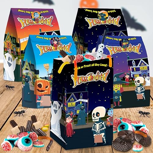 Miniatura 4 de ArtCreativity Bolsas de golosinas de Halloween, juego de 24 bolsas de papel y 24 calcomanías, bolsas de dulces de Halloween de 10 pulgadas con