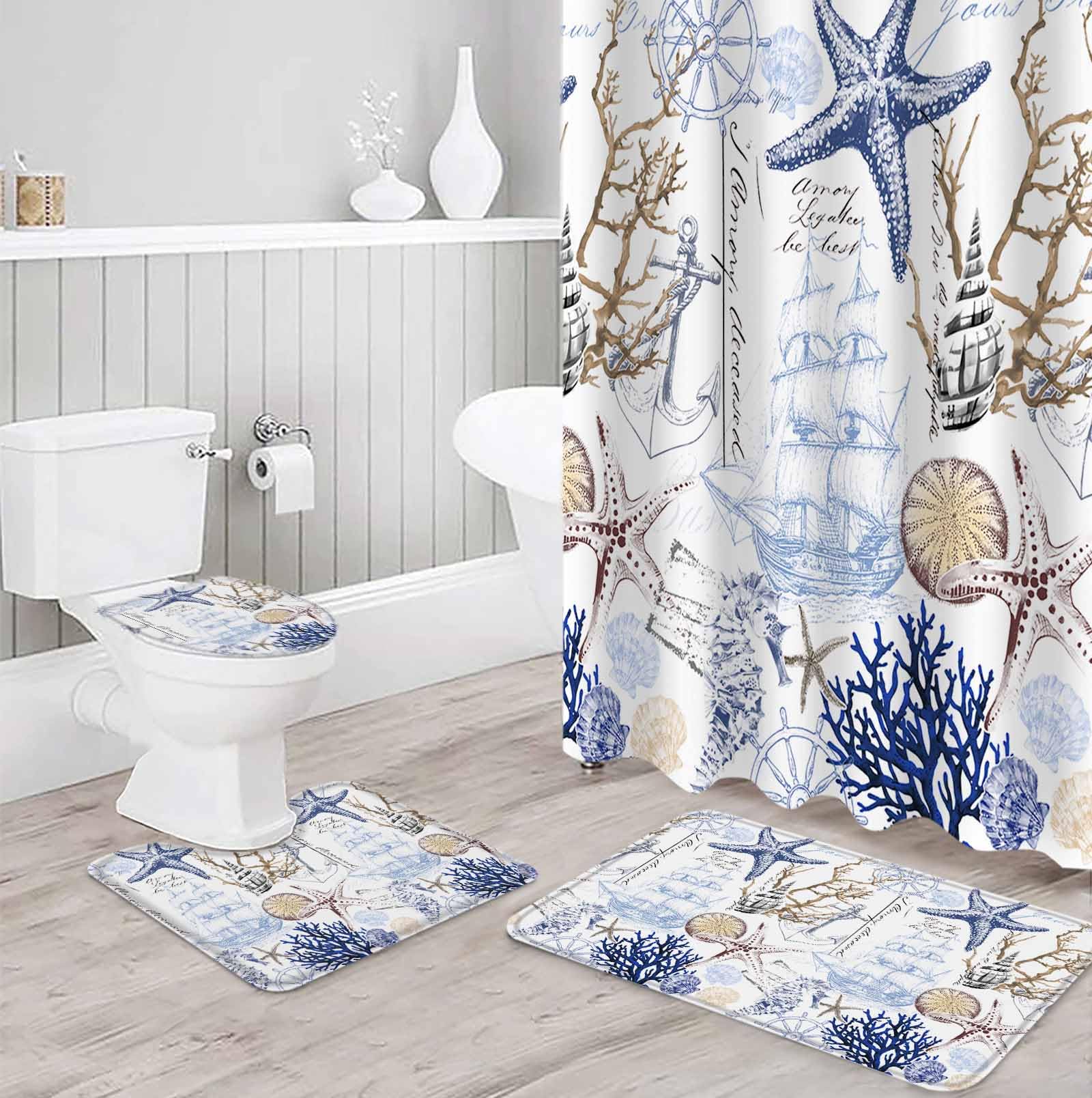 Coastal Nautical Bathroom Set with Shower Curtain and Rug Accessories - 36x72 Inches Long Ocean Blue Starfish Coral Shell Vintage Stall Curtain Waterproof with Large Bath Mat,Washable Runner Rug Set
