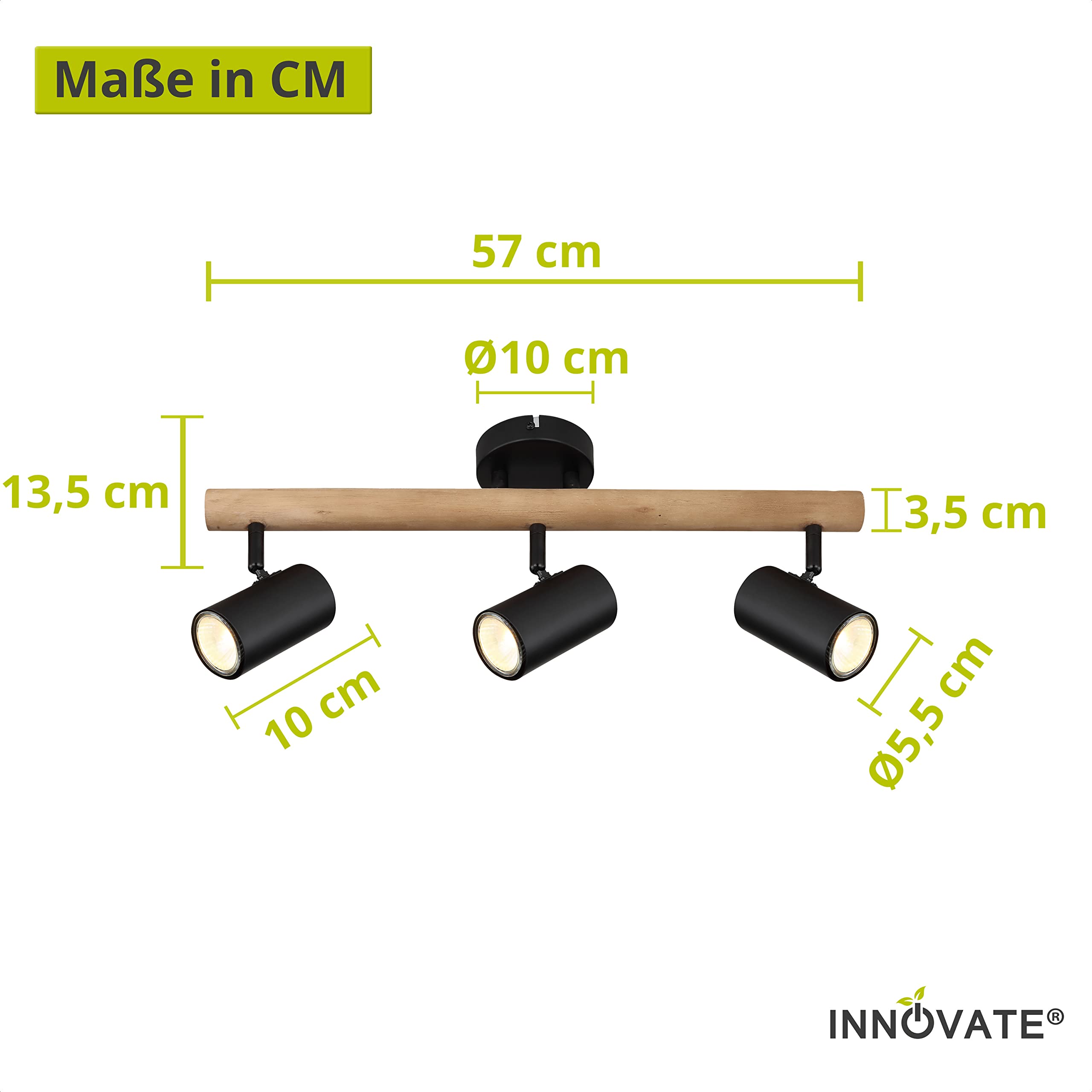 INNOVATE LED Spotbalken Holz | GU10 Deckenlampe Spot | LED Deckenleuchte Schwenkbar | Spotleuchte drehbar für Küche, Wohnzimmer, Schlafzimmer | Wandleuchte Holz | Deckenstrahler 3 flammig