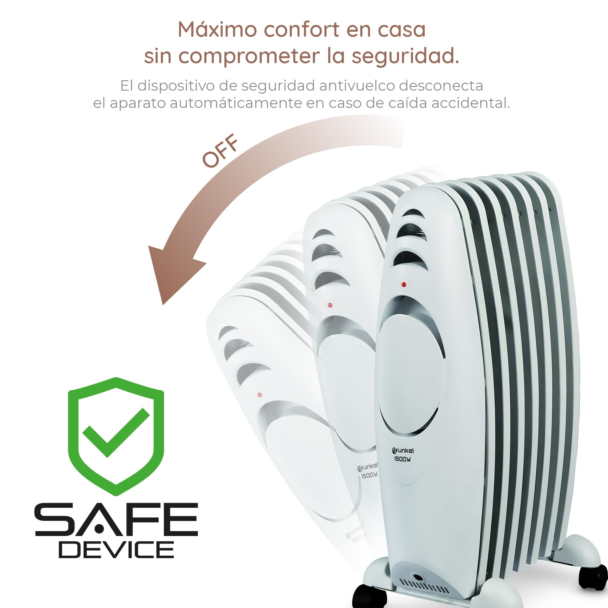 Grunkel - Radiador eléctrico de Aceite bajo consumo RAC-7EFIHEAT - 3 niveles de calor, 7 Elementos Calefactores y 1500W de potencia. portátil con ruedas y fácil de utilizar con termostato regulable