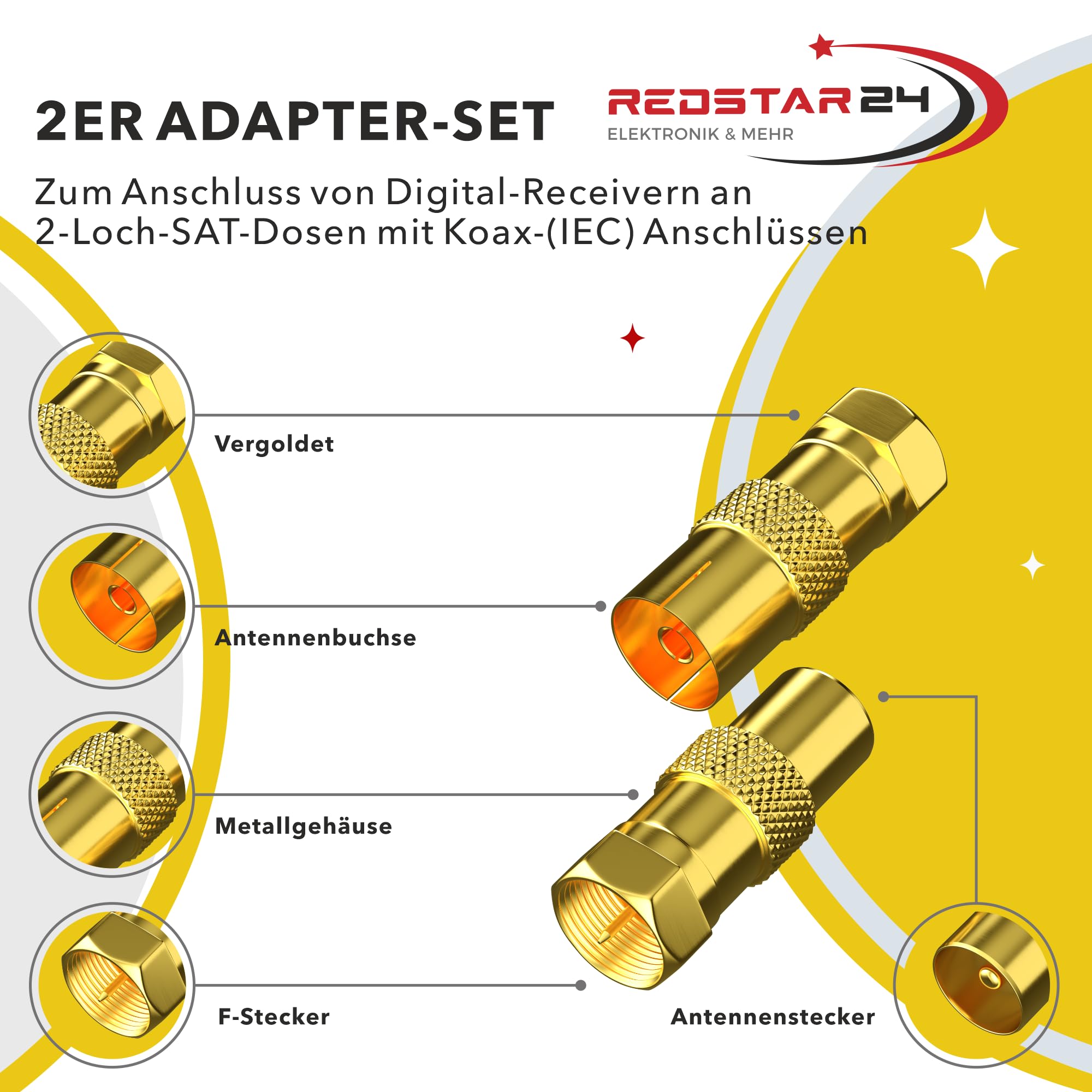 RedStar24 Adattatore SAT Coax Antenna - 1 Connettore F a Spinotto IEC Maschio e 1 Connettore F a Spinotto IEC Femmina, giunto coassiale per cavo coassiale - cavo antenna