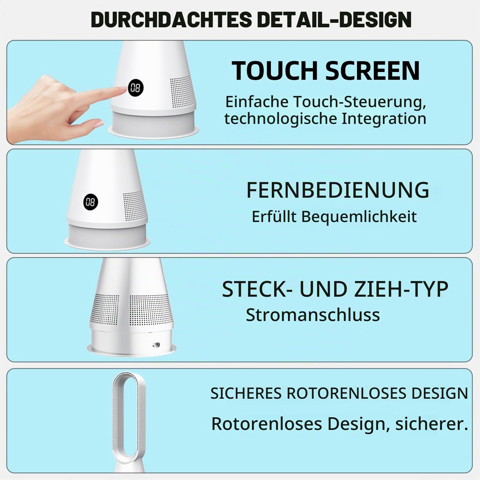 Rotorloser Ventilator,Turmventilator sehr leise & Luftreiniger,mit Fernbedienung, 8 Geschwindigkeiten,90° Oszillation, 9h Timer,oszillierender Raumkühler für Schlafzimmer, Büro (Weiß-Blau)
