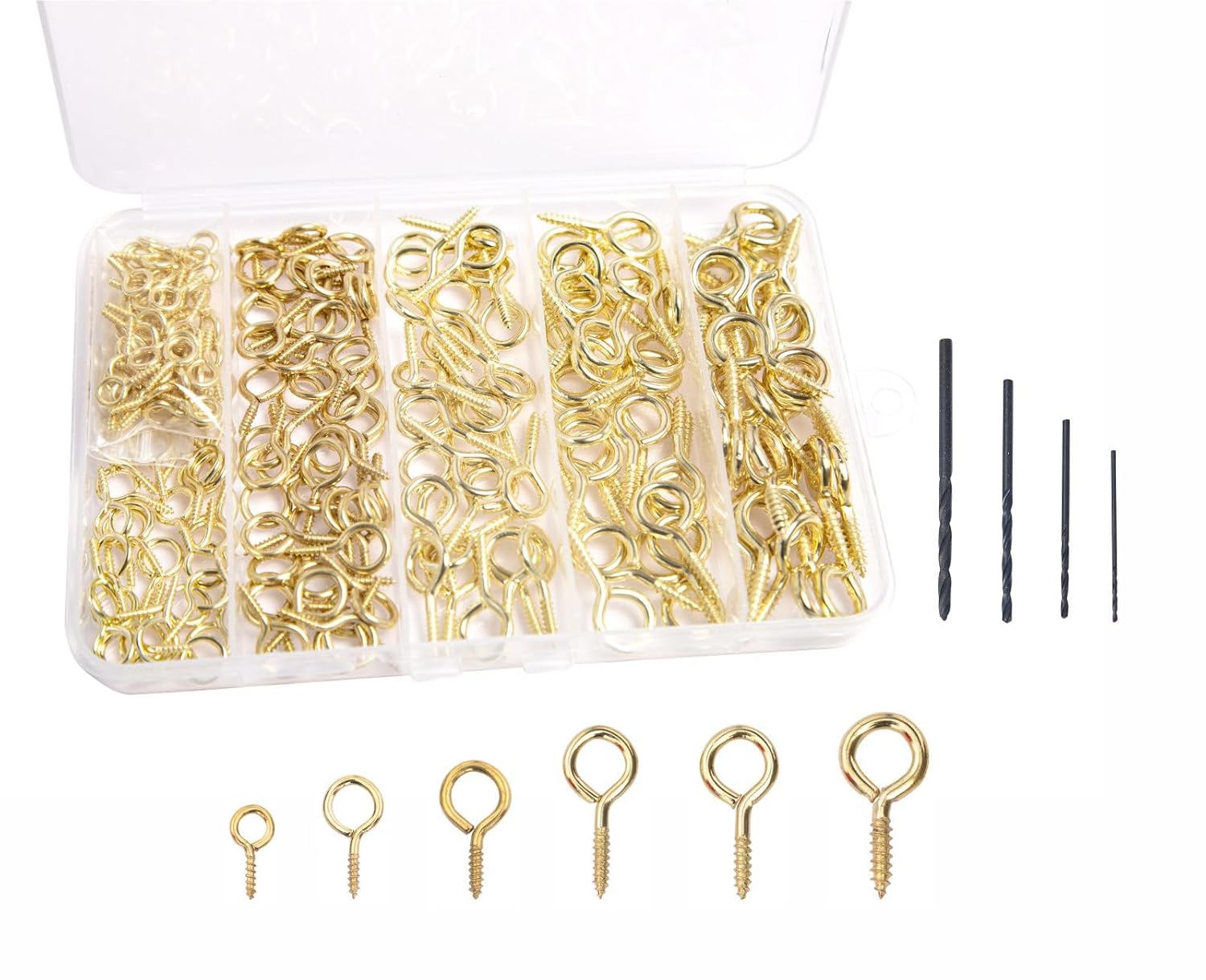 Mariyandh 240PCS Eye Hooks Screw Metal 0.67 Inches-1.1 Inches Small Eyelet Screws for Wood (0#-5#) I Hooks Yellow+4pcs Drill Bit(1.0,1.5,2,2.5)