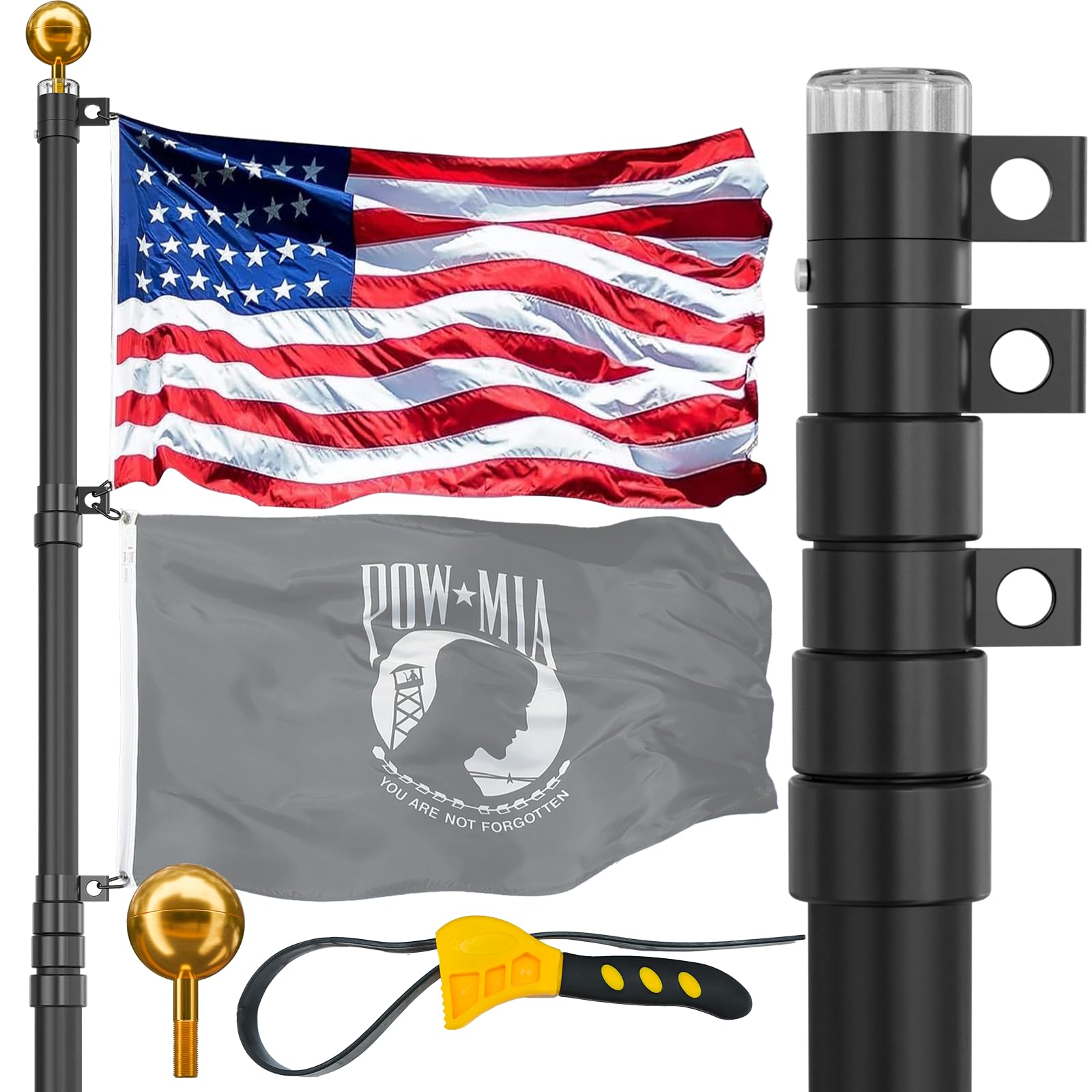 Photo 1 of 20FT Telescoping Flag Pole for Outside House, Extra Thick Telescopic Flagpole with USA Flag, Inground Outdoor Use, Camper RV, Residential & Commercial, Complete Hardware & Aluminum Top Ball (Black)