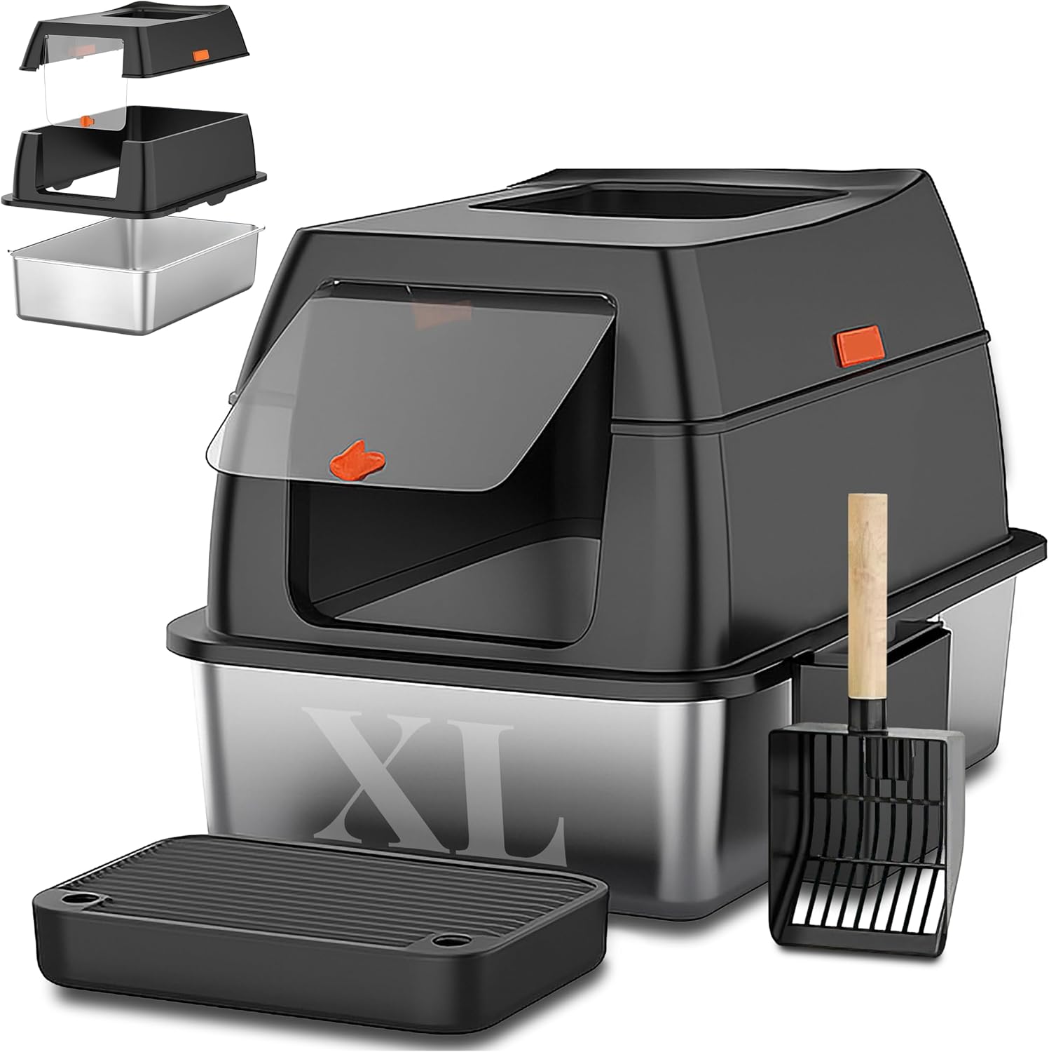 Bac à litière XXL pour Chat en Acier Inoxydable avec Couvercle – Maison de Toilette fermée à Double entrée avec Marche, Pelle et Tapis, Facile à Nettoyer, Anti-Odeur, pour Grands Chats - Amazon product rated Grade B