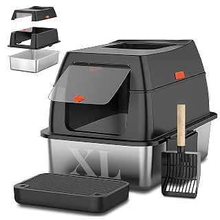 Bac à litière XXL pour Chat en Acier Inoxydable avec Couvercle – Maison de Toilette fermée à Double entrée avec Marche, Pelle et Tapis, Facile à Nettoyer, Anti-Odeur, pour Grands Chats - Amazon product rated Grade A