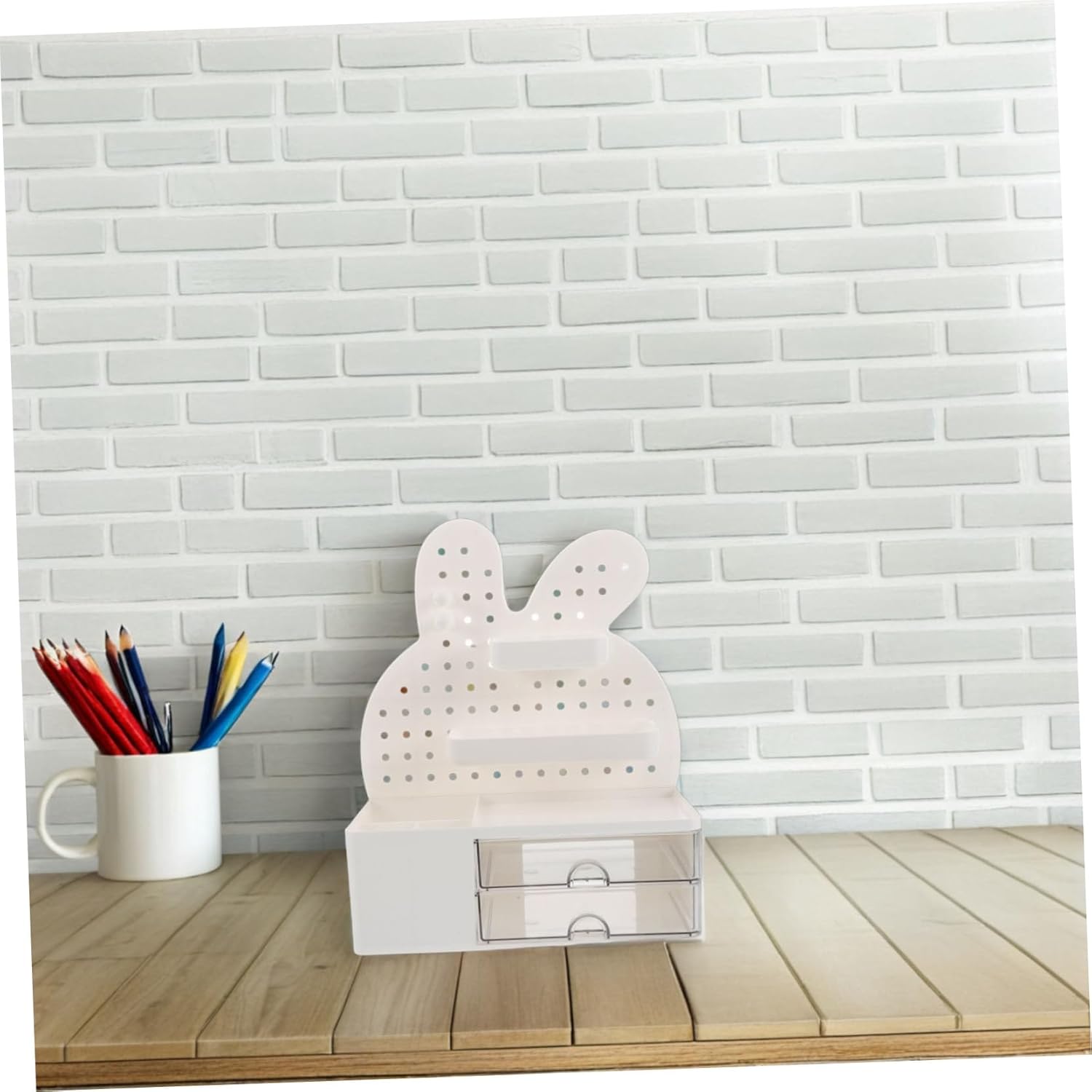 All-Purpose Desktop Organizer Rabbit Pegboard Storage Box with Drawer for Office Supplies