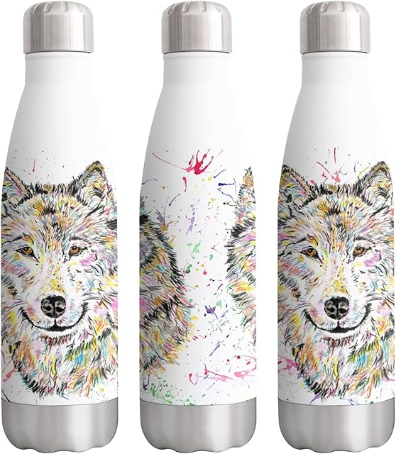 Vixar Wolf Wildlife Animals Watercolour Rainbow Art Bottle Double Wall Insulated Stainless Steel Sport Drinks 500ml White Gift Ideal for School Work Office Oudoor Sports Keeps Hot and Cold Drinks