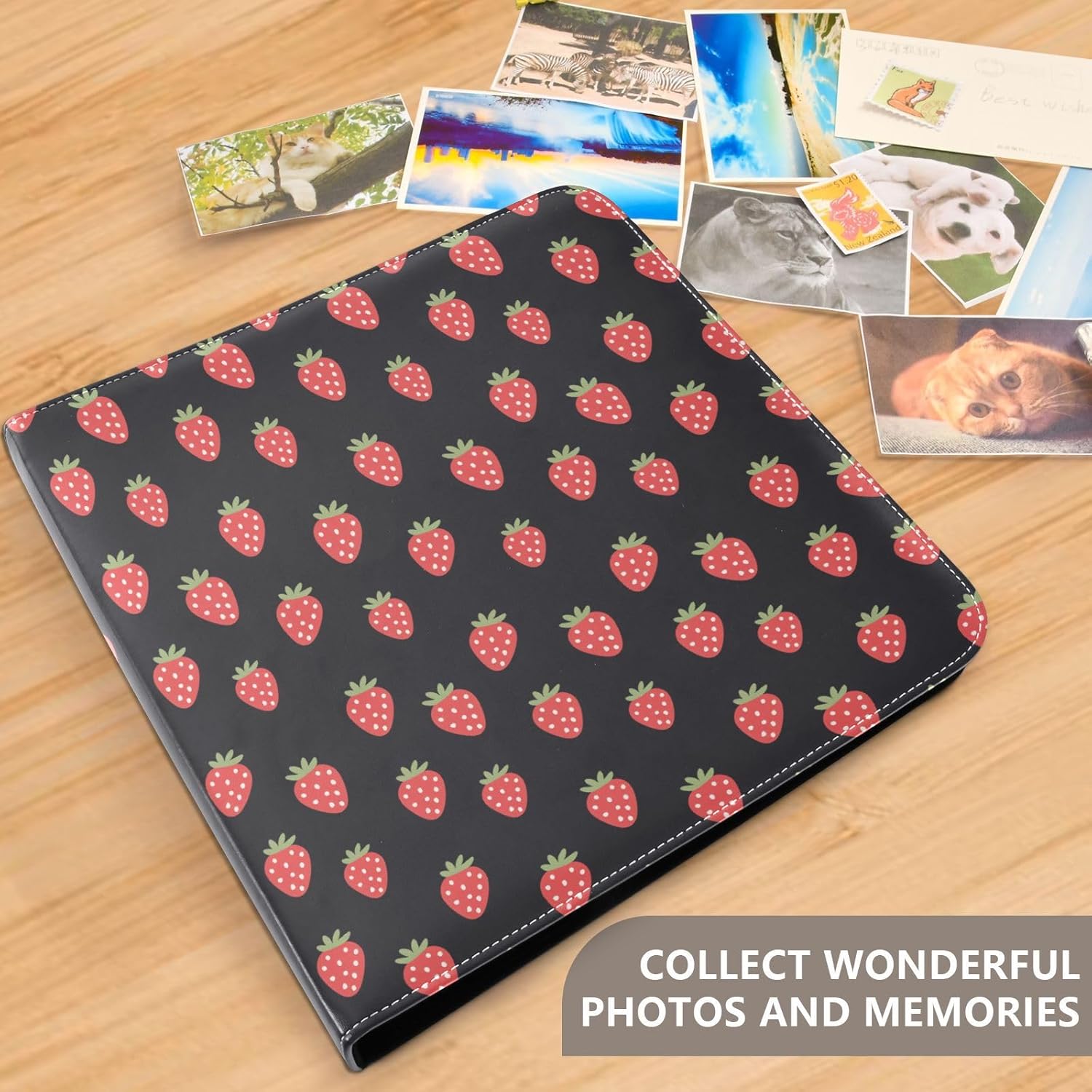JIPONI Mini Strawberry on Black Large Photo Album, DIY Leather Cover Scrapbook Albums for 4x6 5x7 6x8 Pictures, Self Adhesive Memory Book for Wedding, Baby, Family
