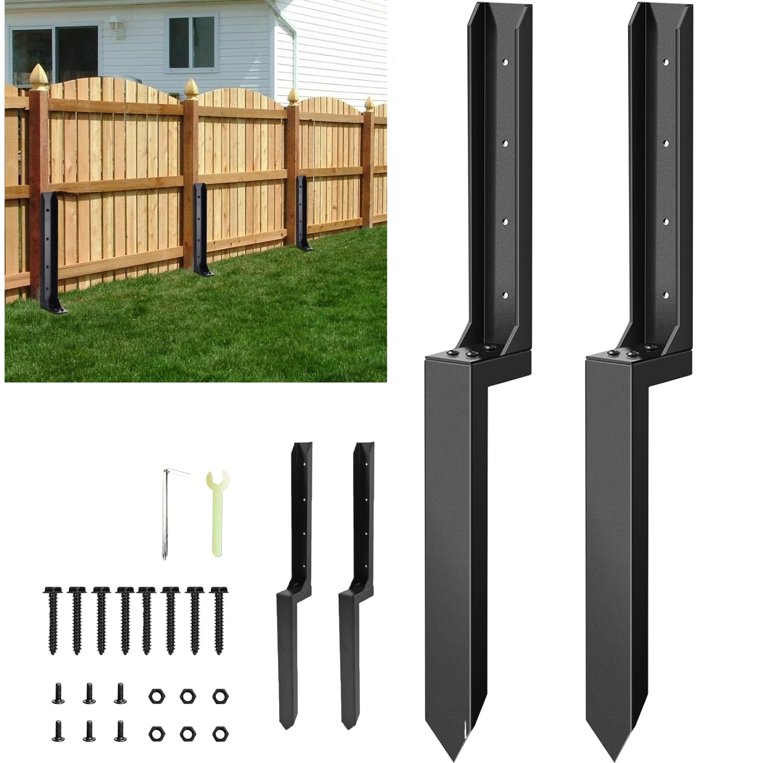 Motowolf Fence Post Repair Spikes Kit, 2 Sets Heavy Duty Steel Fence Post Repair Stakes Thickened Garden Fence Ground Spike Fix Broken/Leaning Wood Posts