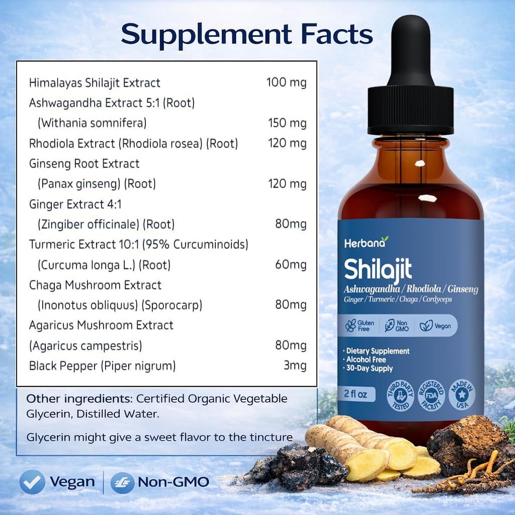 Herbana Shilajit Dietary Supplement with Ashwagandha, Rhodiola, Ginseng, Ginger, Turmeric, Chaga, Cordyceps, Alcohol Free, Vegan, Gluten Free, Non GMO, 2 fl oz, 30-Day Supply
