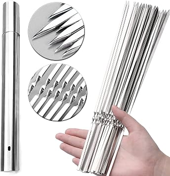 30 Pack Kebab Skewers, 15" Long Flat Stainless Steel BBQ Shish Kabob Skewers with Portable Metal Storage Tube, Reusable Meat Sticks Set for Grilling, Marshmallow, Vegetable, Shiskabob Barbecue