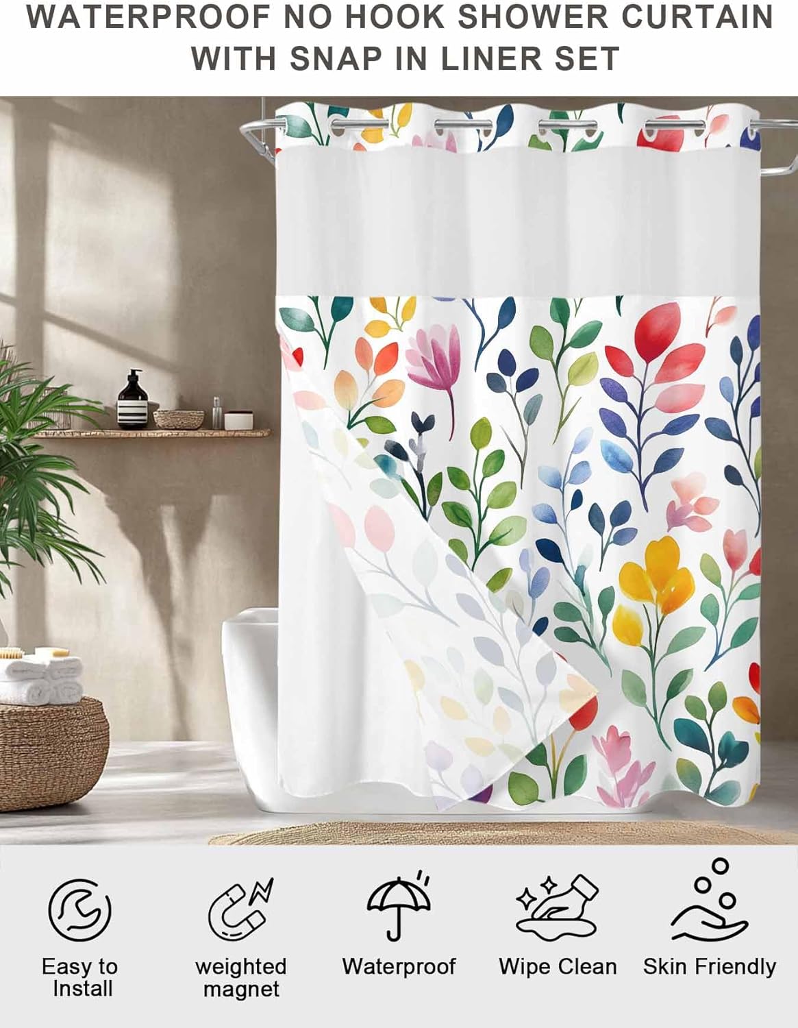 Teamery No Hook Shower Curtain with Snap in Liner, Easter Spring Watercolor Colorful Leaves Curtain Set See-Through Top Double Layers Fabric Shower Curtains Abstract Art for Bathroom Decor, 60x72in
