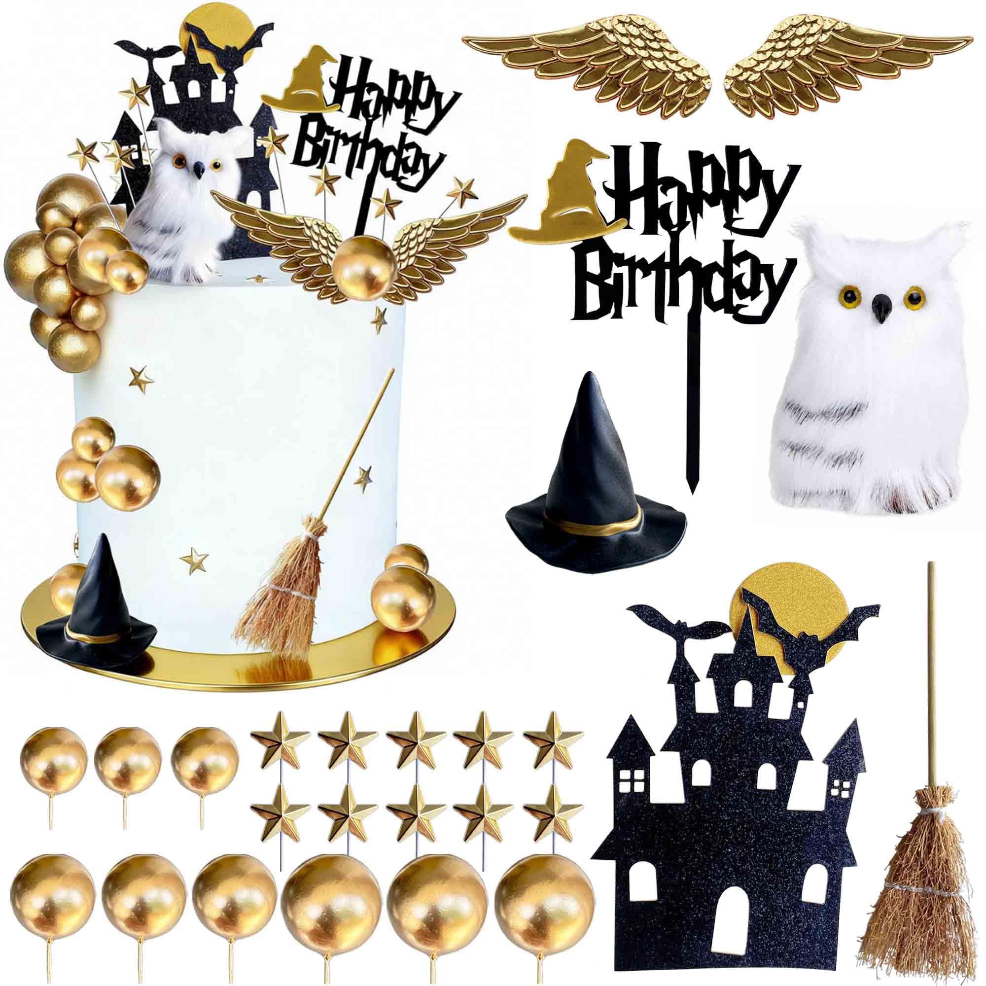 Photo 1 of 26 PCS Wizard Birthday Party Cake Decorations Set, Happy Birthday Acrylic Cake Topper with Magic Hat, Broom, Castle, Wings, Stars, Balls