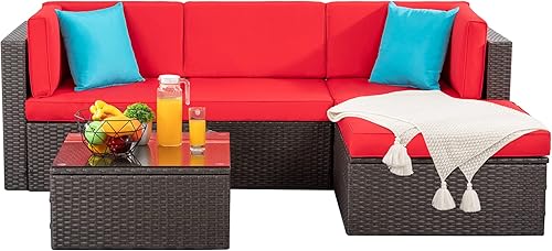 Miniatura 7 de Shintenchi Juego de muebles de patio de 5 piezas para exteriores para todo tipo de clima, juego de sofá seccional de ratán de polietileno, juego de