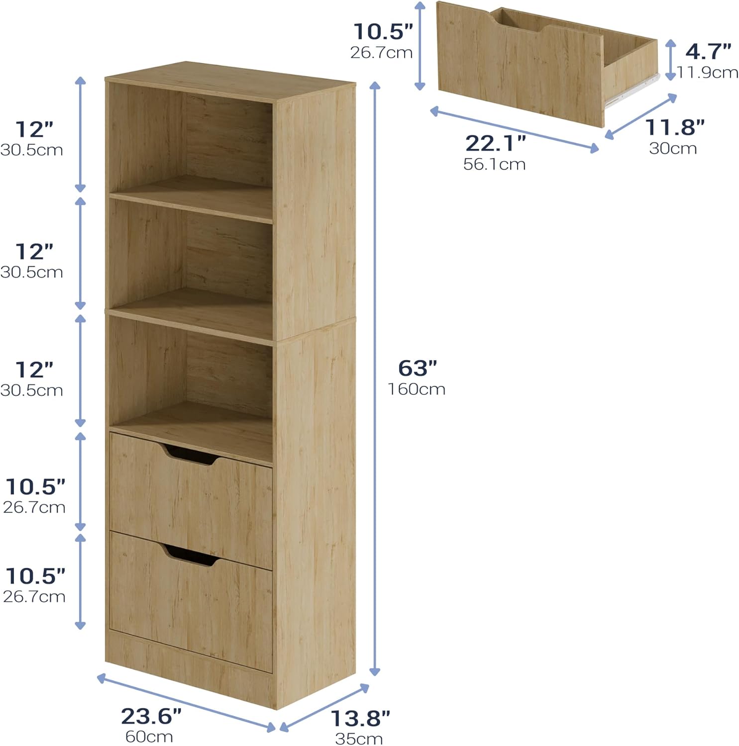 Diagram showing the detailed dimensions of the Housoul 3-Tier Bookcase with 2 Drawers.