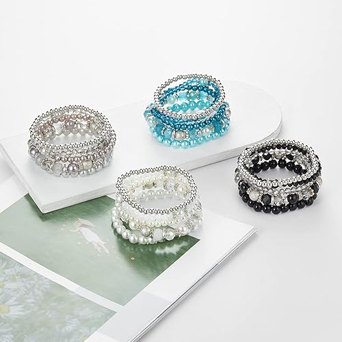 Miniatura 7 de Noessla Pulsera elástica de perlas con cuentas de plata, apilables, pulseras de cuentas de cristal, joyería de moda, regalo para el día de la madre