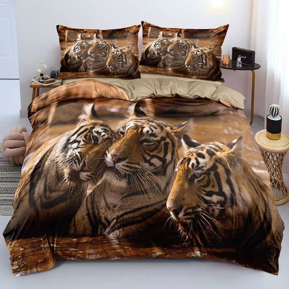 Holiyjog 3D Tigers Print Duvet Cover Set Full Size Family