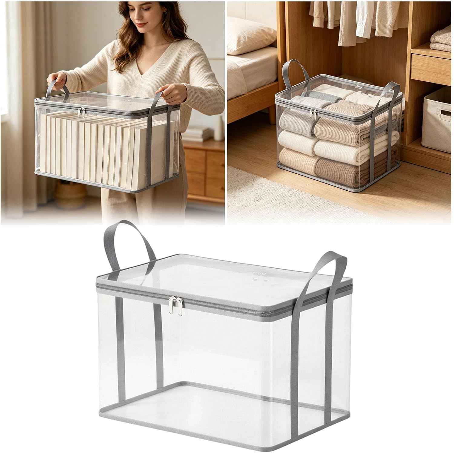 Moving Bags with Lids, Handles - Heavy Duty, 4-Pack Clear Storage Tote for Clothes & Supplies | Reinforced construction Ideal for dorms and college supplies Serve as storage bins for clothes(Black-L)