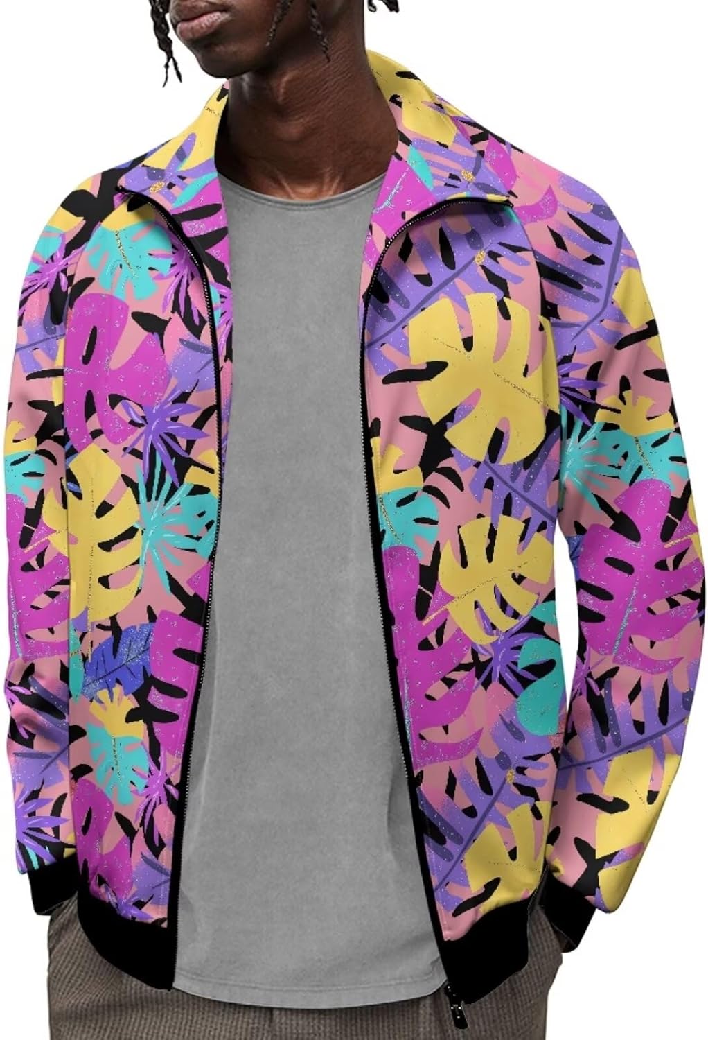 Forchrinse Hawaiian Palm Plumeria Men's Track Jacket Zip up Fleece Cycling Bike Winter Softshell Fleece Sweatshirt