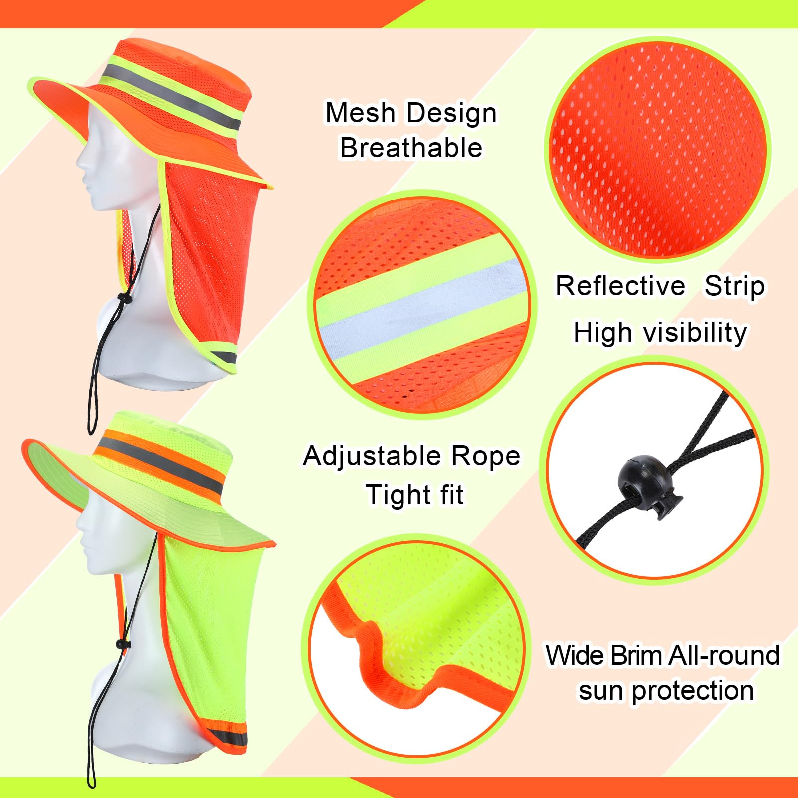 6 sombreros de seguridad reflectantes de alta visibilidad con solapa para el cuello, sombrero tipo boonie de ala ancha, sombreros de trabajo transpirables para trabajadores