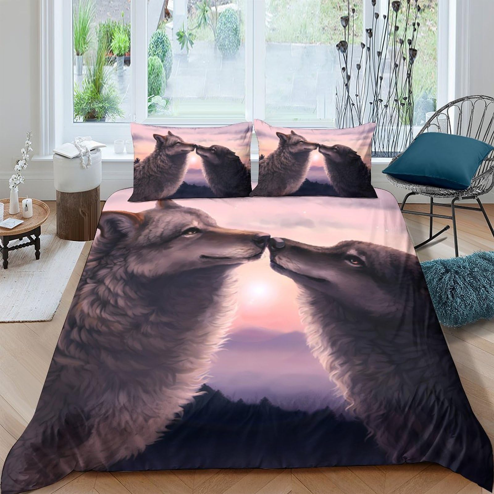 GPLZQXKJNH 3D Printed Wolf Sunset Duvet Cover Microfiber Soft Breathable Animal Bedding Set with 2 Pillowcases for Bedroom Decor Single（135x200cm）