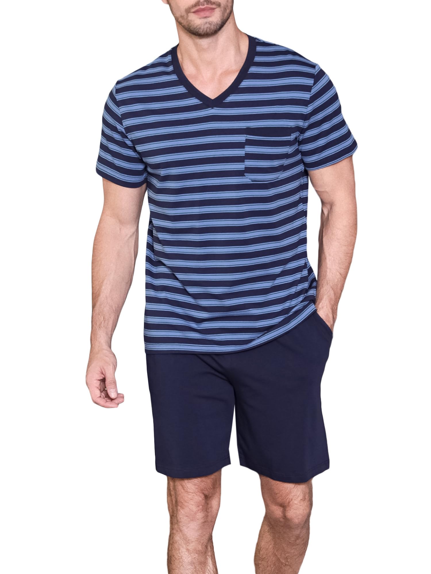 Winovia Schlafanzug Herren Kurz - Sommer Pyjama Set aus Baumwolle - Gestreifte Nachtwäsche mit V-Ausschnitt & Brusttasche - Weiche Homewear Shorty für Männer
