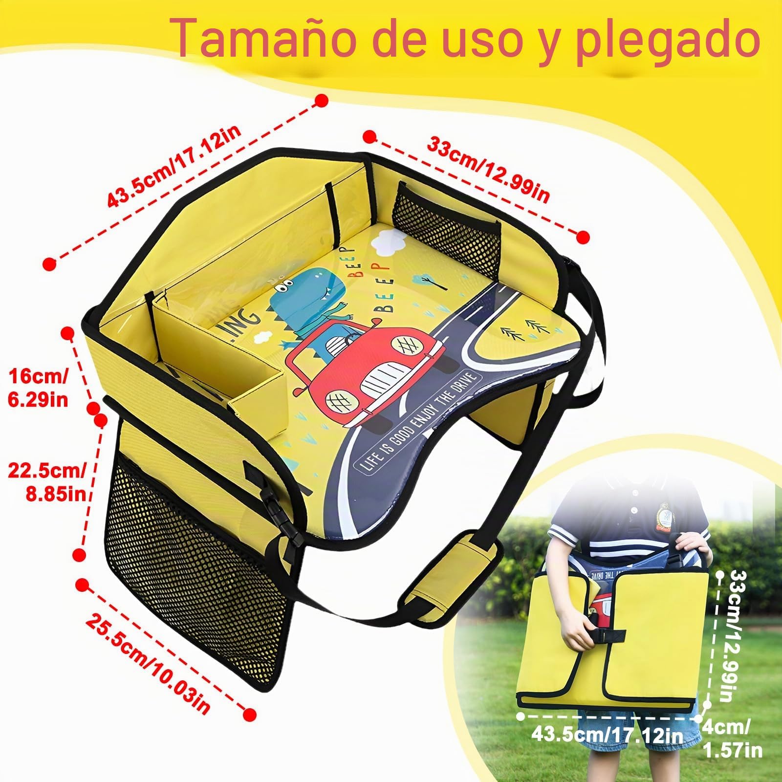 Bandejas de viaje para niños, paletas plegables para automóviles para niños con superficies borrables y grandes espacios de almacenamiento, adecuadas para asientos móviles de viaje