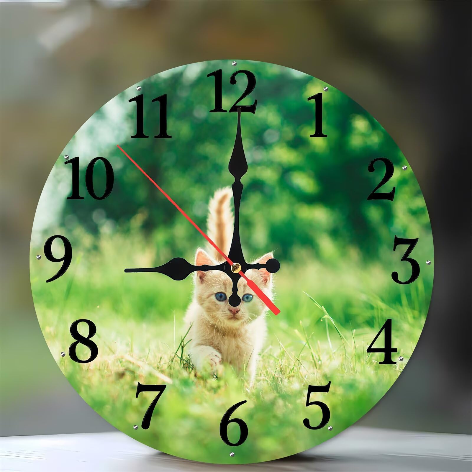 Horloge murale moderne bois pour salon et cuisine paysage vert chat