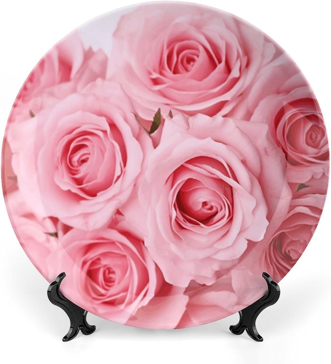 Pink Fresh Roses Decorative Plates for Display Round Porcelain Plate Living Room Table Ceramic Hanging Decorative Plate Art Decor for Living Room Table with 1 Display Stand 10inch