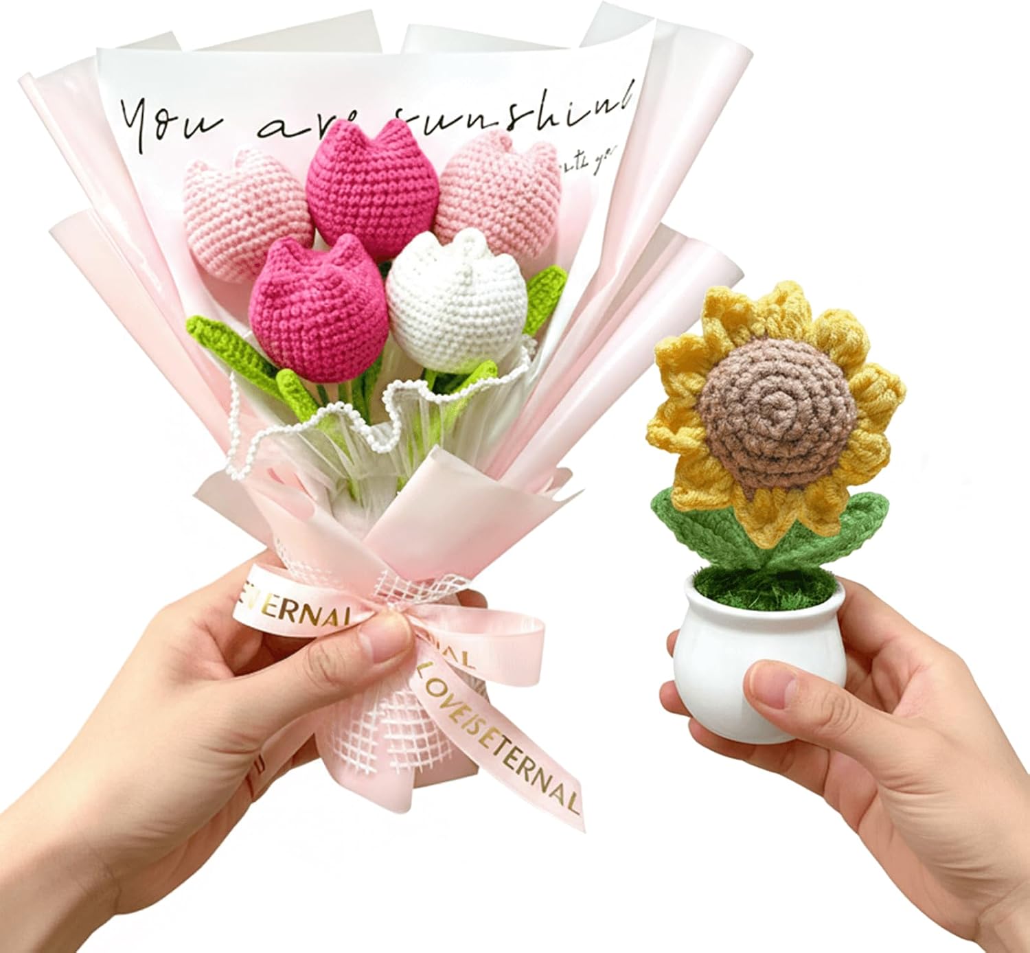 Handmade Crochet Flower Bouquet - Pink Knitted Tulips,Forever Flowers Gift for Mother's Day, Birthday, Anniversary,Graduation,Hypoallergenic Home & Desk Decor (with Sunflower)