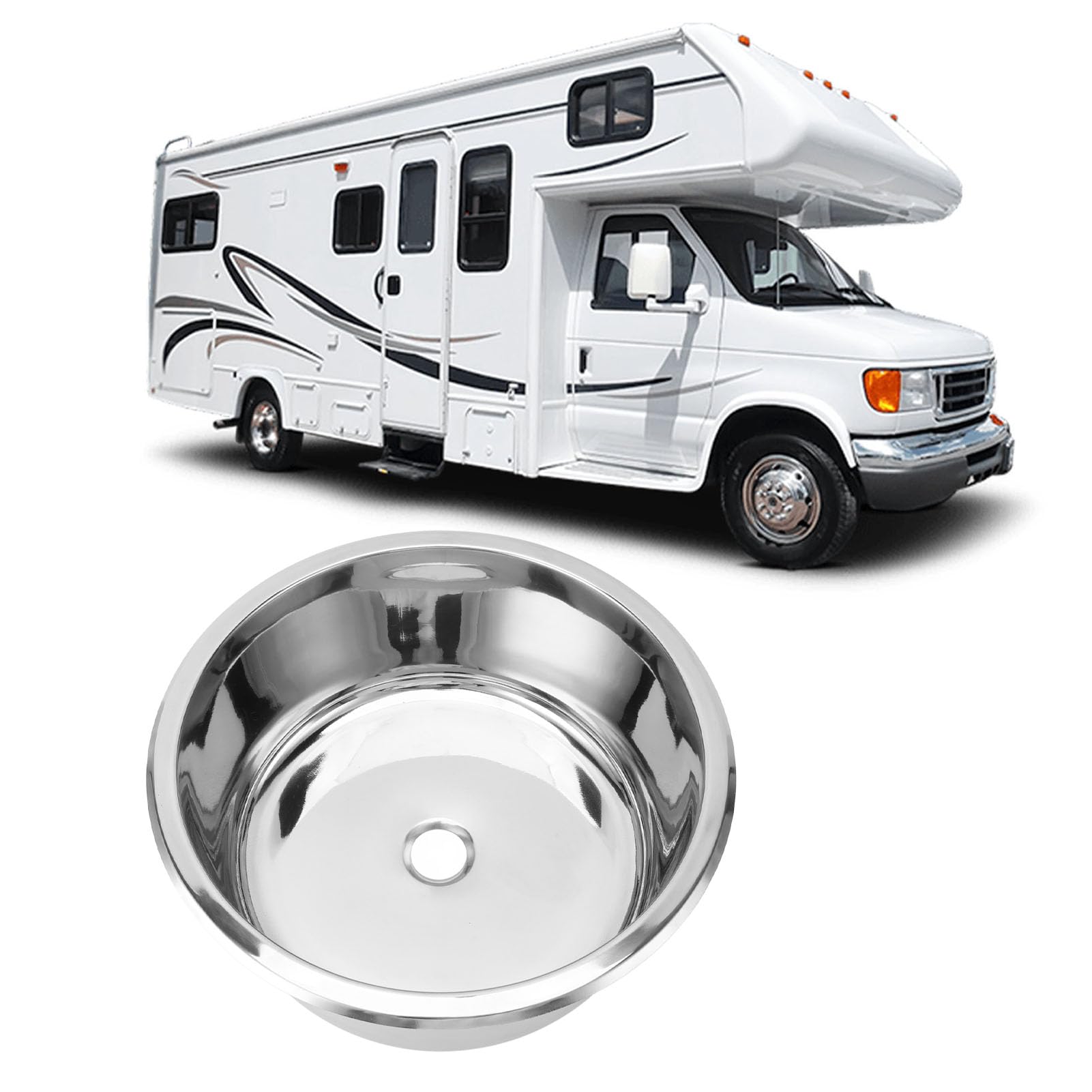 12 Zoll Poliertes Edelstahl Einer Schüssel Rund Küchenstangen Waschbecken mit 40 Mm Abflussloch, Ideal für Boot, Karawane und Wohnmobil