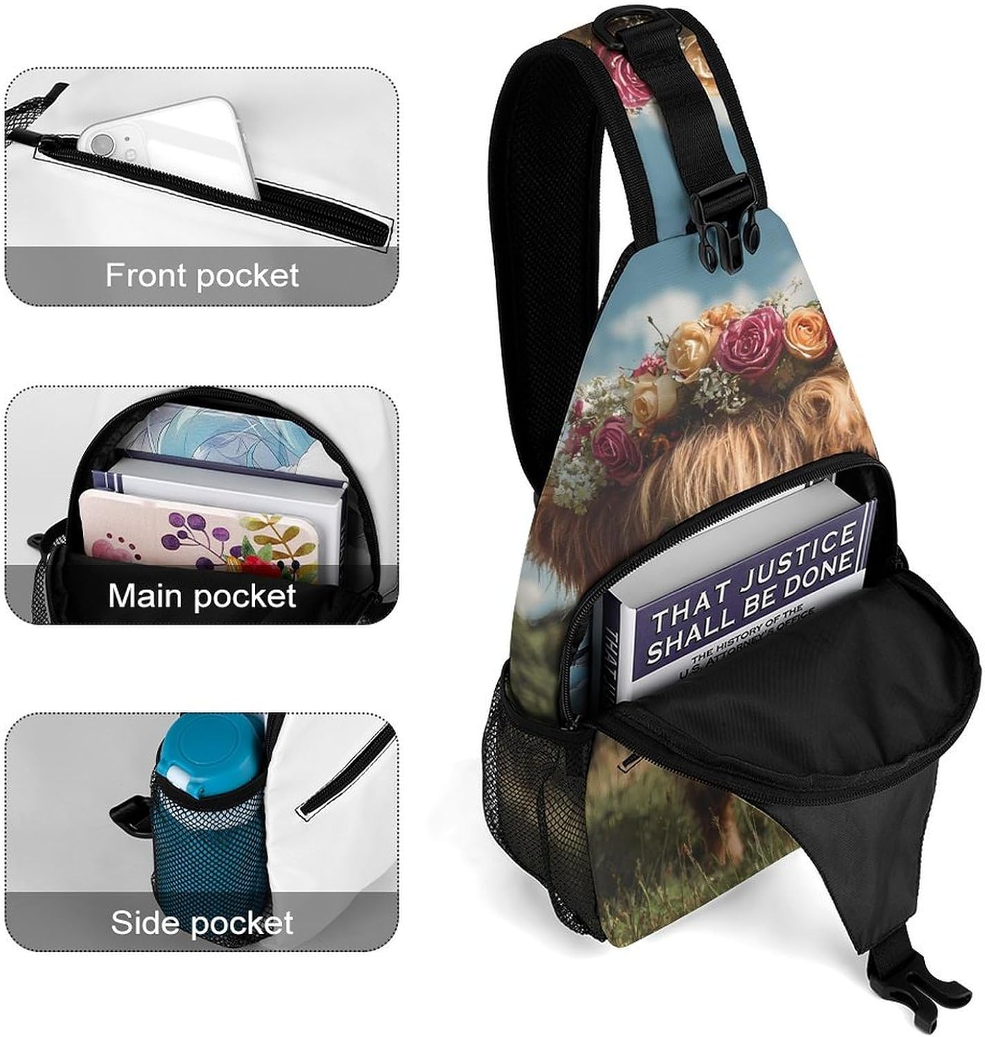 Scottish Highlands Highland Cow Men Crossbody Sling Backpack Chest Bag | Travel Fanny Pack,Hiking Daypack,Print Shoulder Bags