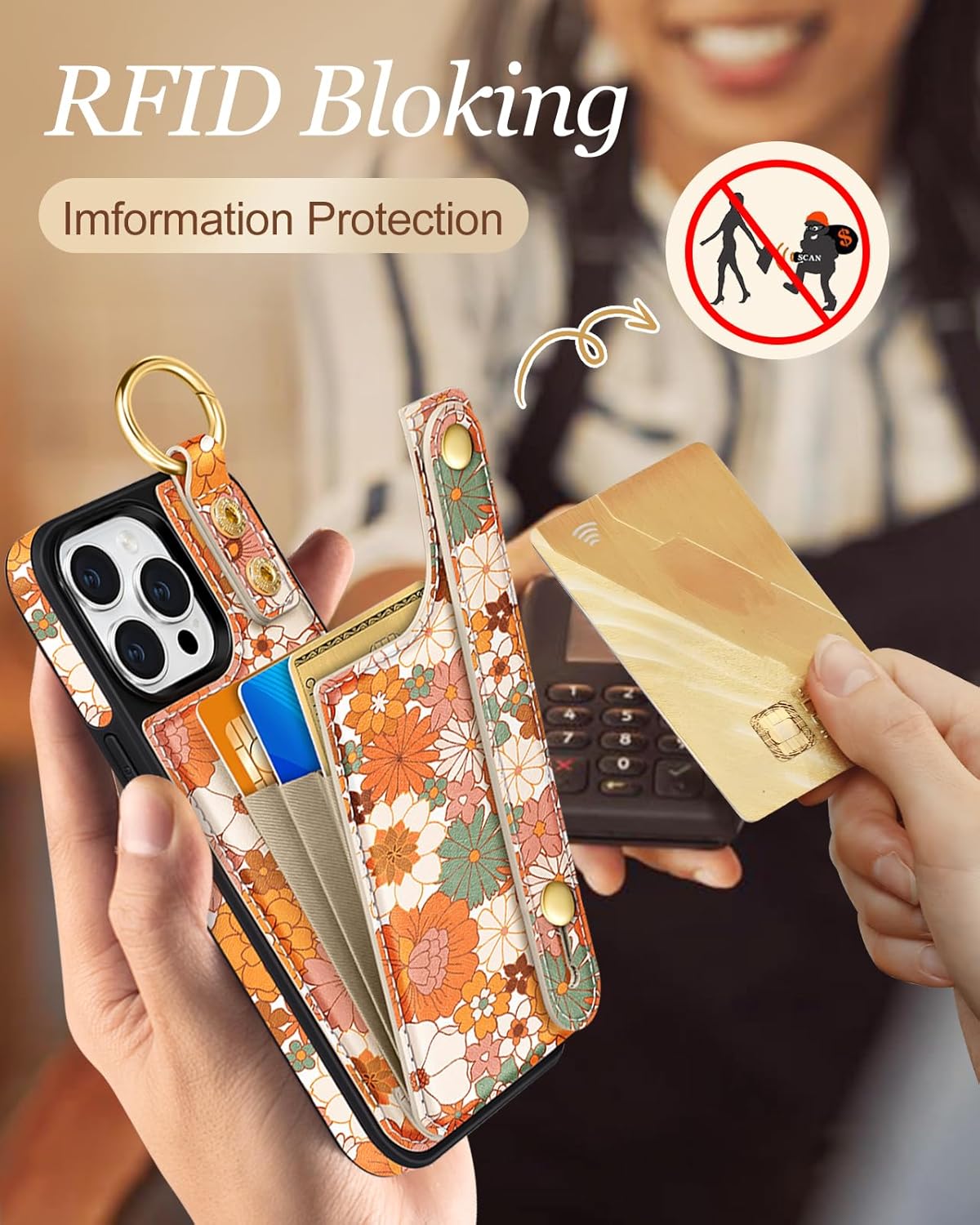 Petitian for iPhone 15 Pro Max Case with Wallet - Women Girls Cute Girly Aesthetic Unique Design with Leather Credit Card Holder Cardholder Stand Wristband for Apple 15 Promax, Orange Floral - Image 4