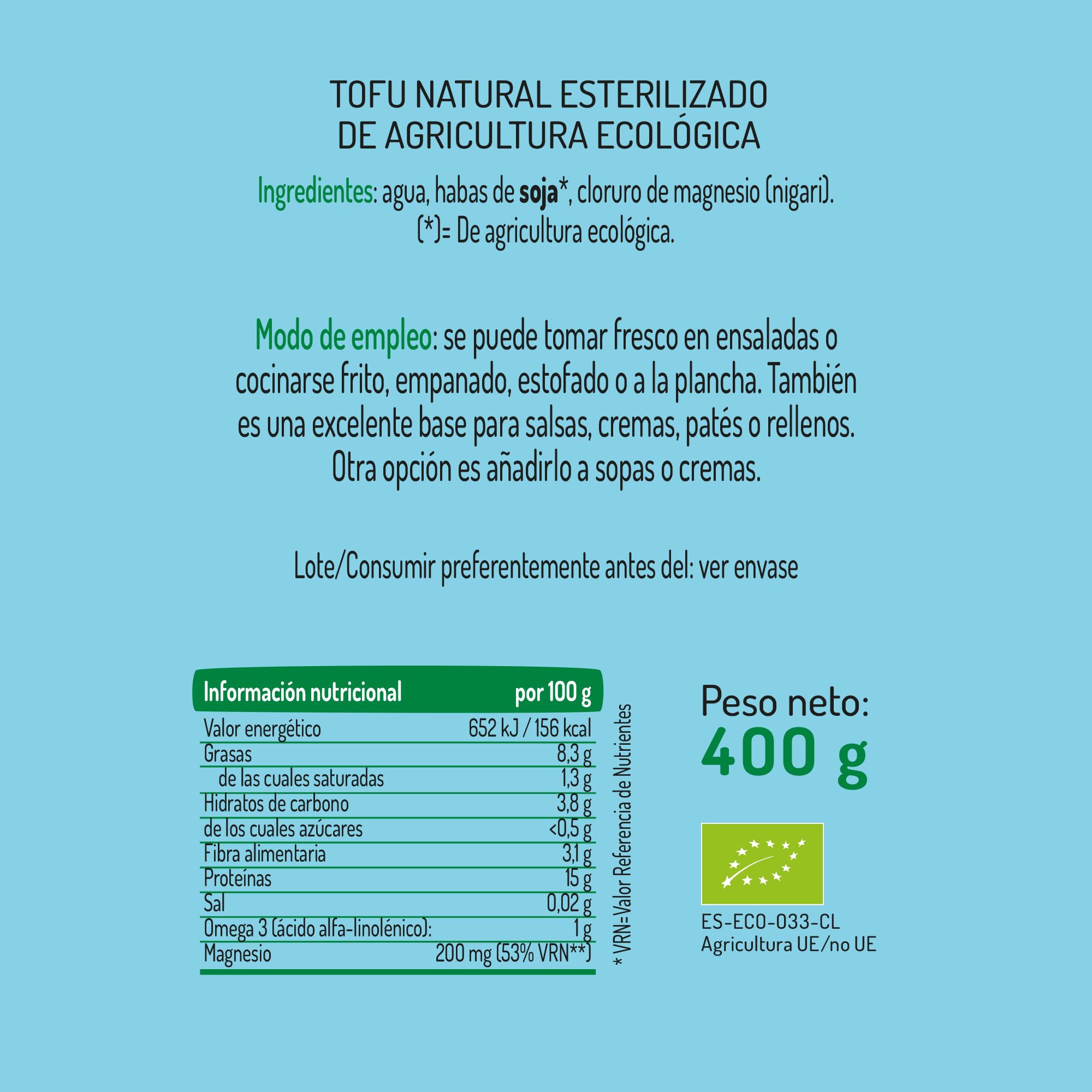 El Granero Integral - Tofu Natural - 2 Unidades de 200 g - Fuente de Proteínas y Ácidos Grasos Omega-3 - Rico en Magnesio - 100% Vegetal - Sin Gluten - Apto para Veganos