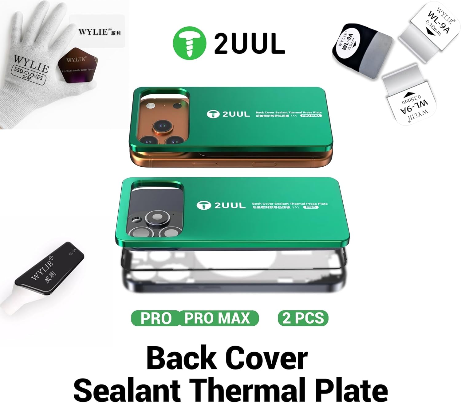2UUL DA68 Back Cover Sealant Thermal Press Plate for iPhone Pro and Pro Max Green 2PCS/Pack with ESD Gloves and Screen Opener WYLIE Professional Tools 5 Pack