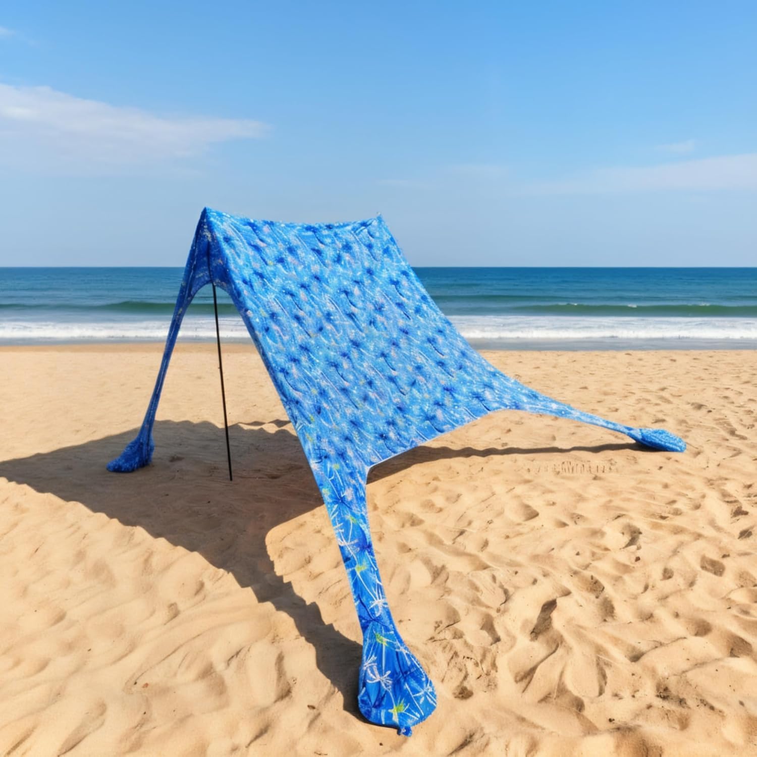 Tente de Plage Parasol, Motif Palmier Bleu, 210x200x160 cm, abri Solaire pour 3–4 Personnes