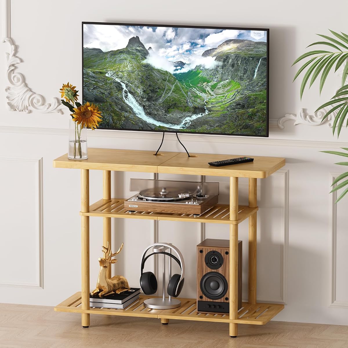 Bamboo TV Stand, Small TV Stands for up to 32 Inch, 3-Tier Entertainment Center TV Shelf with Storage, Sturdy Corner TV Stand for Bedroom, 31.5 x 24.2 x 11.8 inches