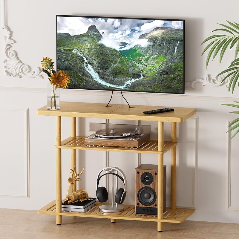 Bamboo TV Stand, Small TV Stands for up to 32 Inch, 3-Tier Entertainment Center TV Shelf with Storage, Sturdy Corner TV Stand for Bedroom, 31.5 x 24.2 x 11.8 inches