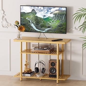 Bamboo TV Stand, Small TV Stands for up to 32 Inch, 3-Tier Entertainment Center TV Shelf with Storage, Sturdy Corner TV Stand for Small Spaces, 31.5 x 24.2 x 11.8 inches
