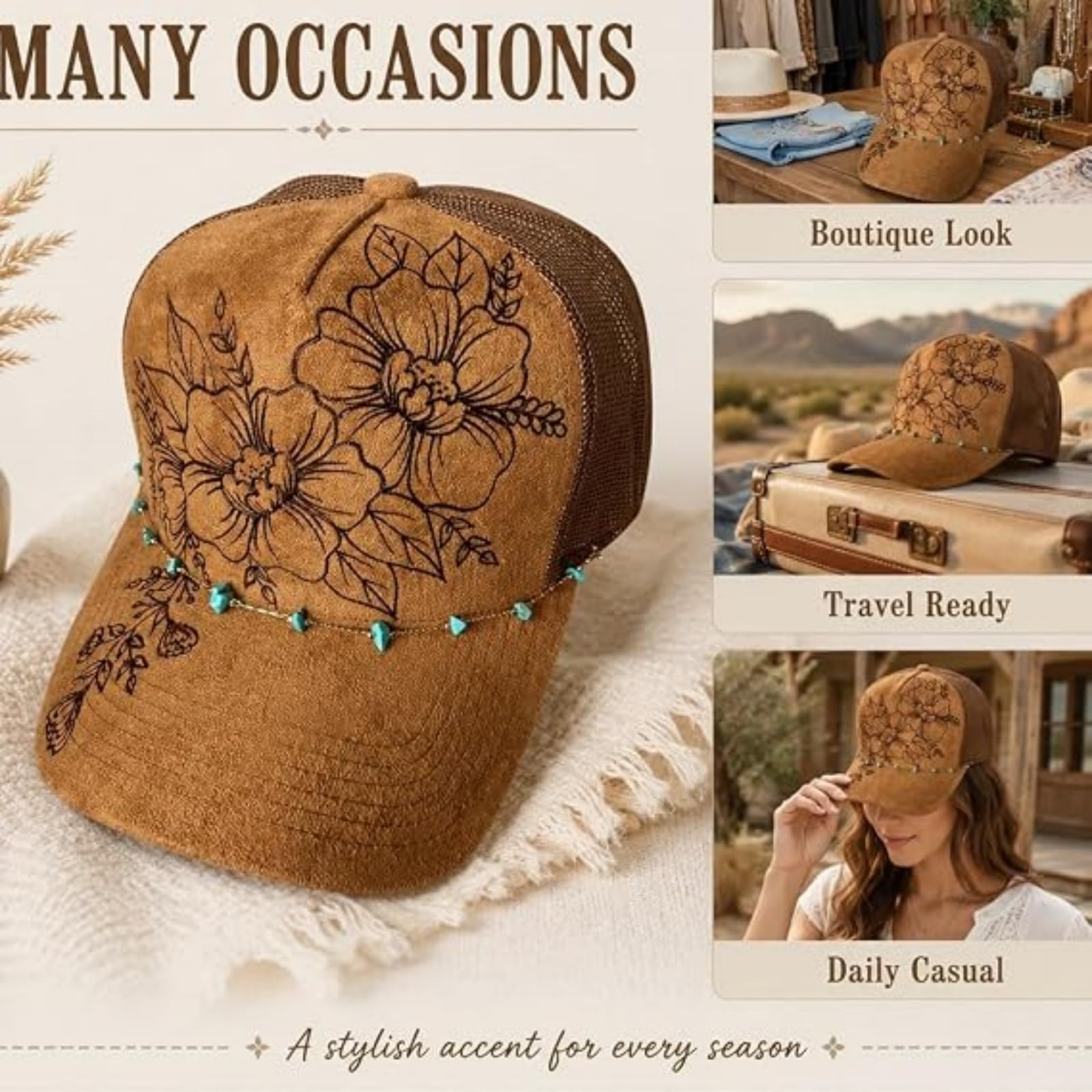 Generico Cappello da Camionista in Pelle Scamosciata bruciata con Applicazioni Floreali, Catena con Delicate Pietre turchesi, Retro in Rete Regolabile, Stile Western Boho Cowgirl.