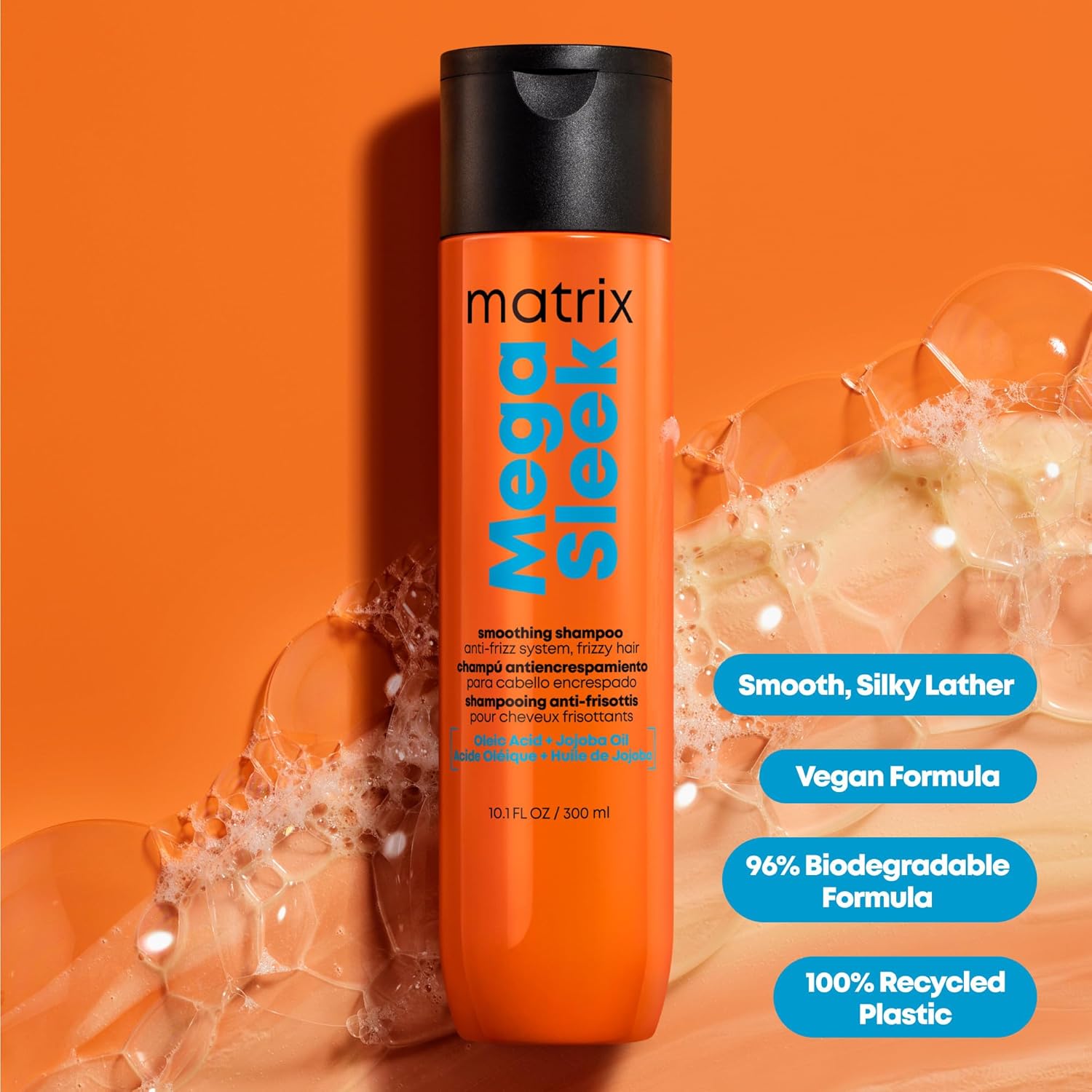 Matrix Mega Sleek Anti-Frizz Shampoo - 96H Frizz Control, 12x Smoother Hair, and Professional Hydration
