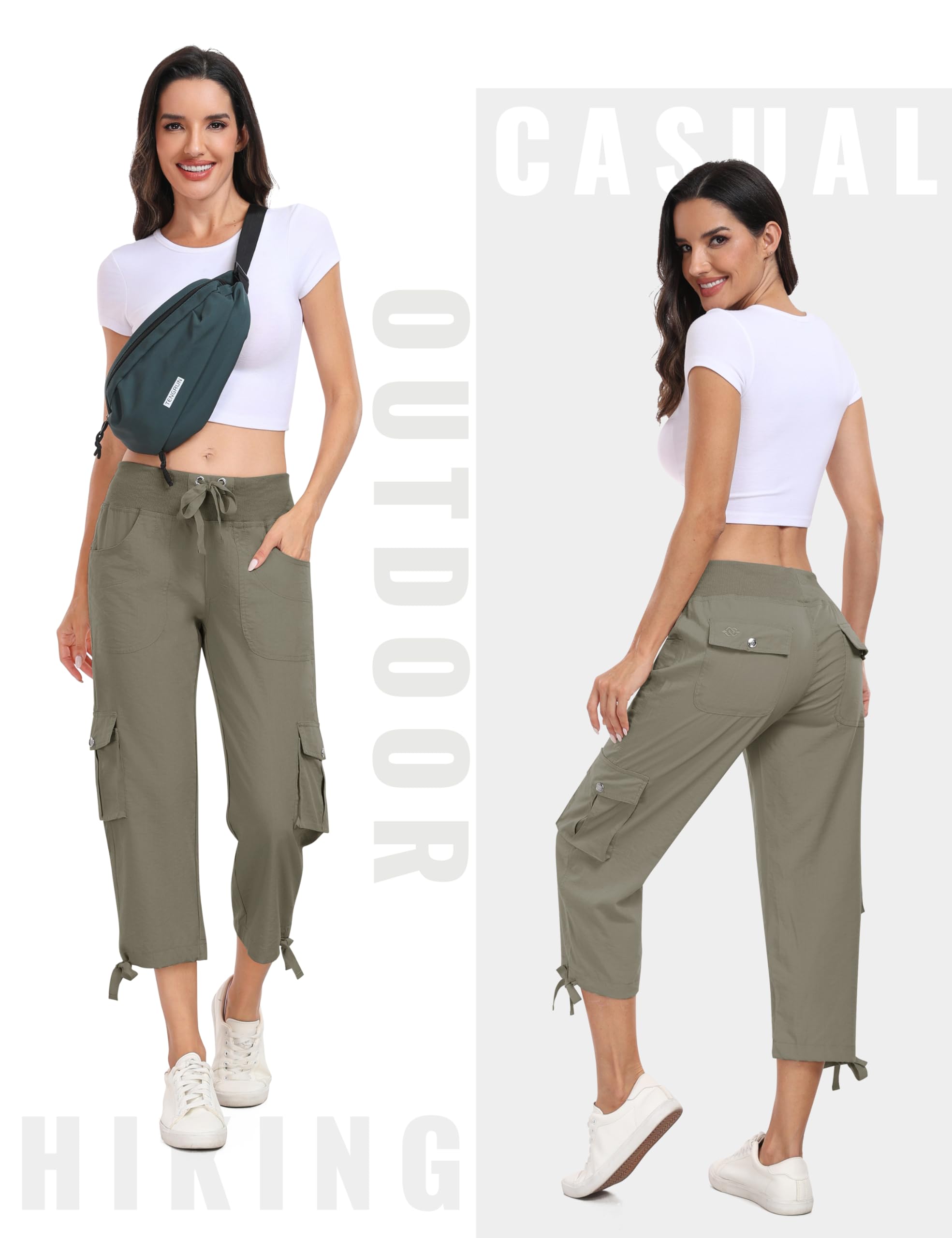 MoFiz Pantalon 3/4 Femme été Pantacourt Cargo de Randonnée Voyage Pantalon Capri de Mode avec 6 Poches