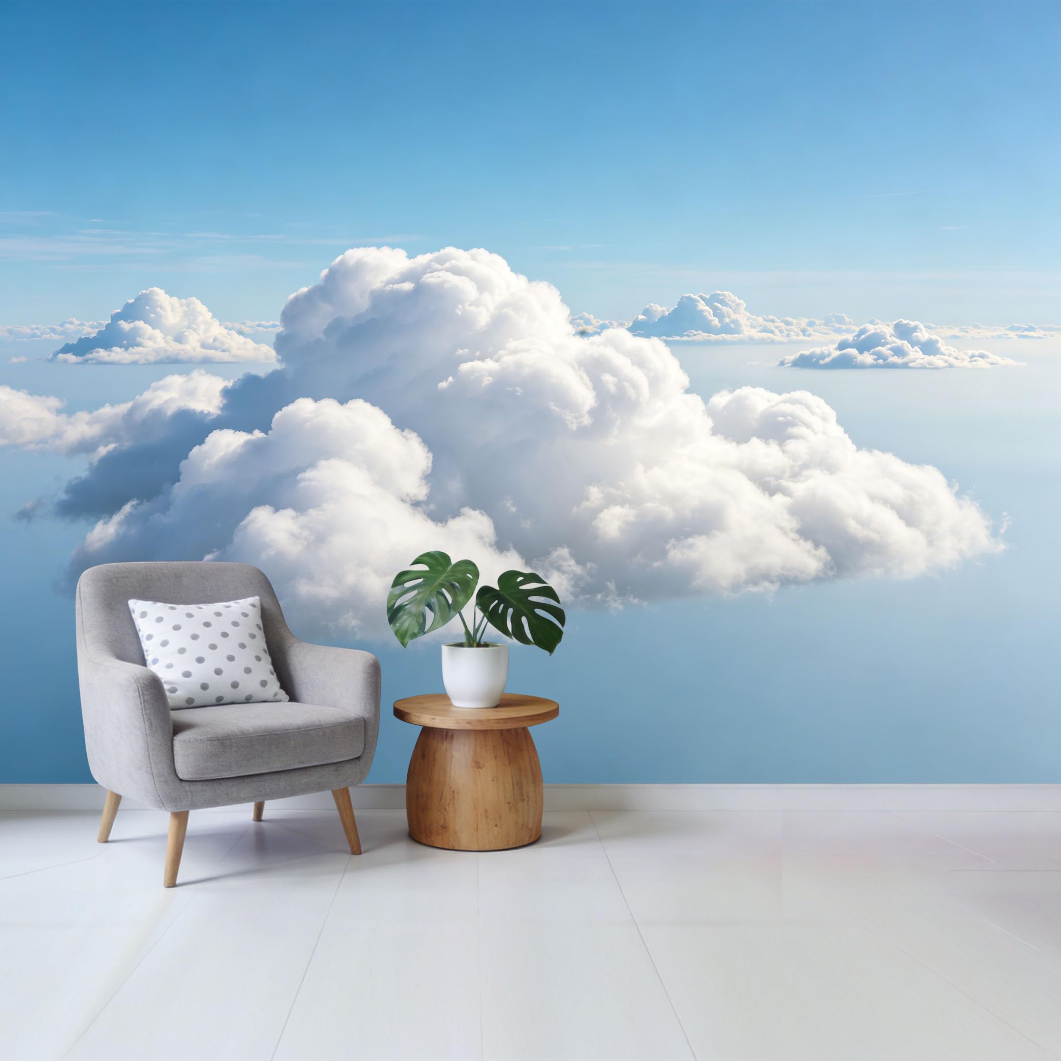 Custom Size Wall Mural Fluffy White Clouds Blue Sky Landscape Minimalist Removable Self Adhesive Fabric，Home Wall Decor for Living Room Bedroom Bathroom