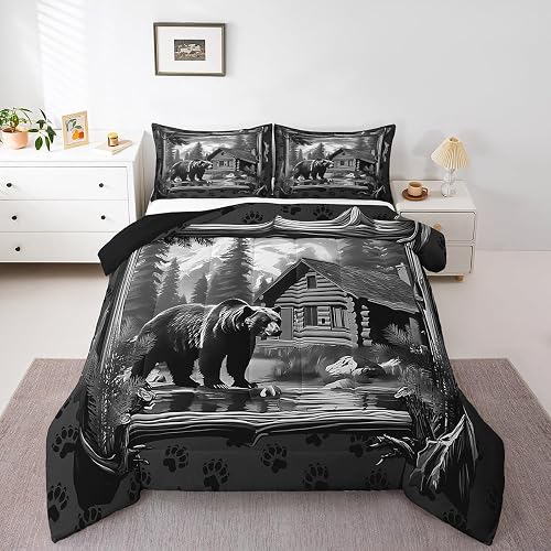 Feelyou Kids Bear Comforter Set Queen Size Rustic Cabin Lodge Bedding Set