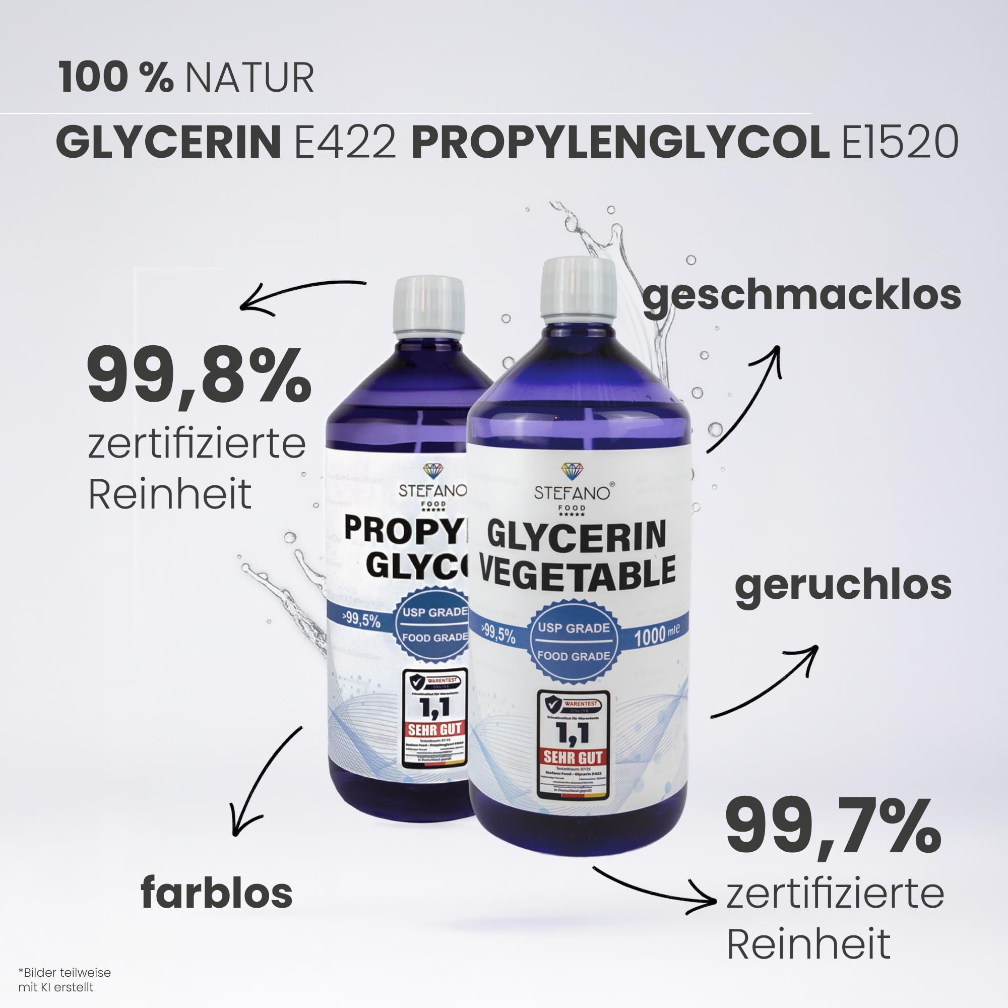 Glycerin (VG) 99,7% + Propylenglycol (PG) 99,8% - 2x1000ml flüssig [Set] - 100% Pflanzenbasiert - USP & Lebensmittelqualität - E422+E1520 - Flasche versiegelt mit Sicherheitsverschluß
