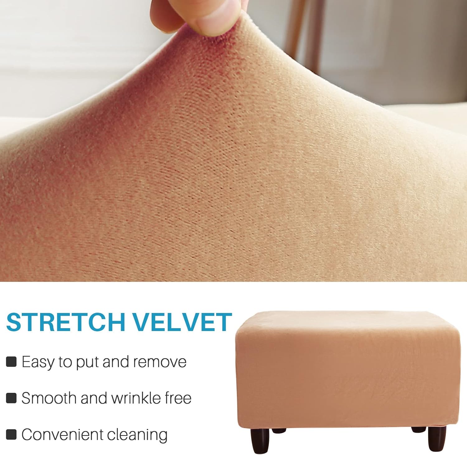 Ottoman Cover, Stretch Rectangle Velvet Ottoman Slipcovers of Foot Stool for Living Room, Folding Storage Furniture Protector with Elastic Bottom, Machine Washable(Camel, L)