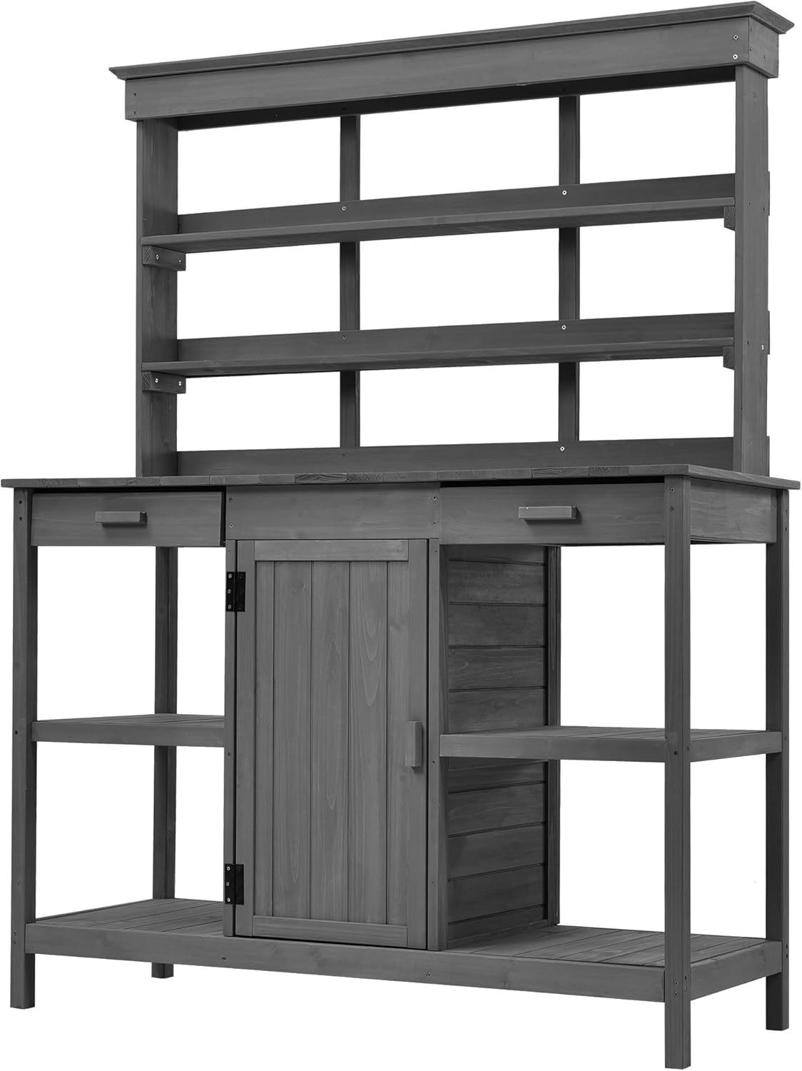 66'' Large Outdoor Farmhouse Wooden Potting Bench Table, GWorkstation with 2 Drawers,Cabinet and Open Shelves for Backyard, Mudroom, Gray