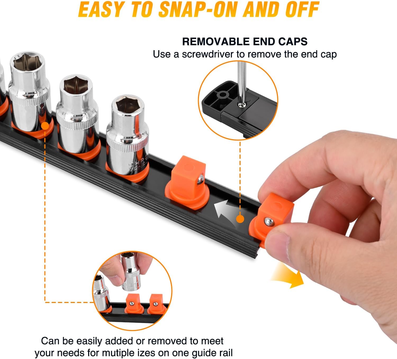GOOACC Magnetic Socket Organizer 1/4" 3/8" 1/2" Socket Holder Set Heavy Duty Aluminum Socket Rail Organizers for Tool Box Drawer, 6 Pieces Magnetic Socket Rails Holds 80 Swivel Clips Orange Red Yellow