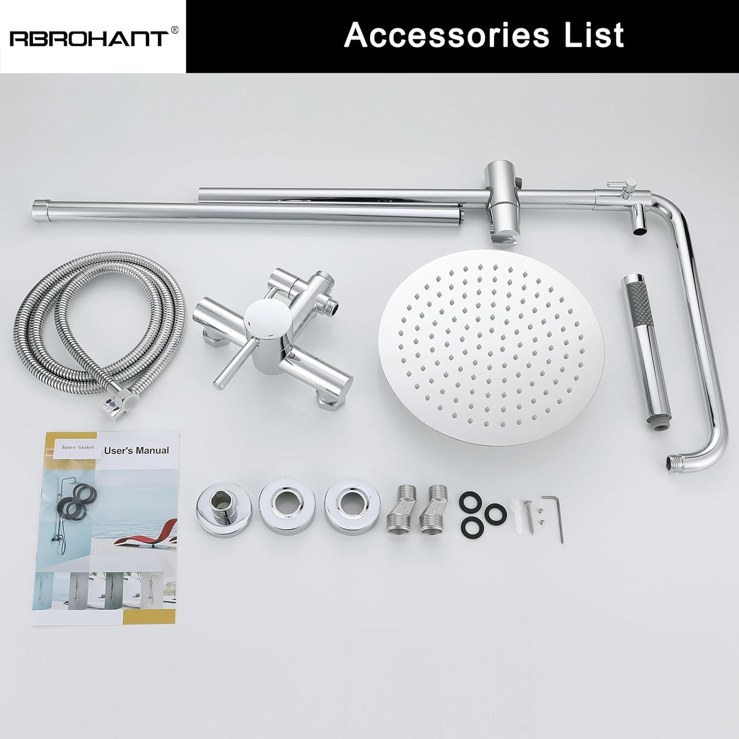 RBROHANT Outdoor Shower, Wall Mount Outdoor Shower Kit, Outside Shower Faucet with Height Adjustable Rain Shower and Handheld, Exposed Shower System for Pool, Wall Mounted, Polished Chrome, JK0146